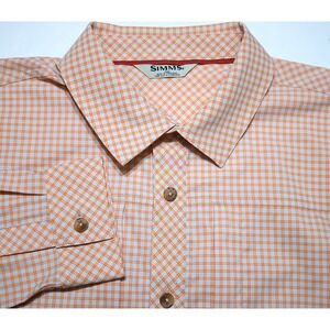SIMMS Fishing Long Sleeve Button Shirt‎ brrr Nylon Orange White Checks Medium M